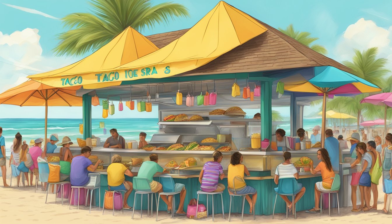 A bustling beachside taco stand in Florida, with colorful umbrellas and a line of hungry spring breakers eagerly waiting for the best tacos in town