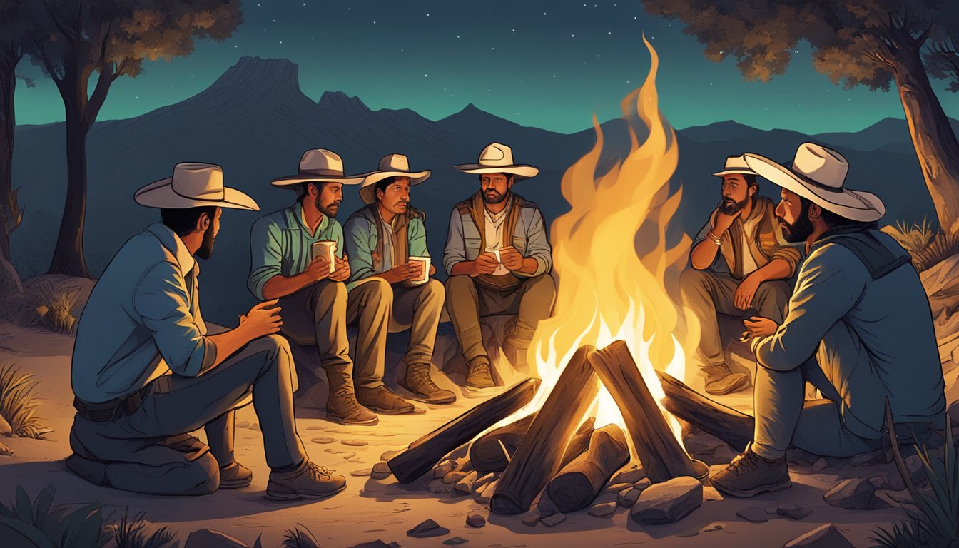 A group of people gathered around a campfire, eating tacos while discussing revolutionary ideas. The glow of the fire illuminates the rugged terrain of Mexico's revolutionary trails