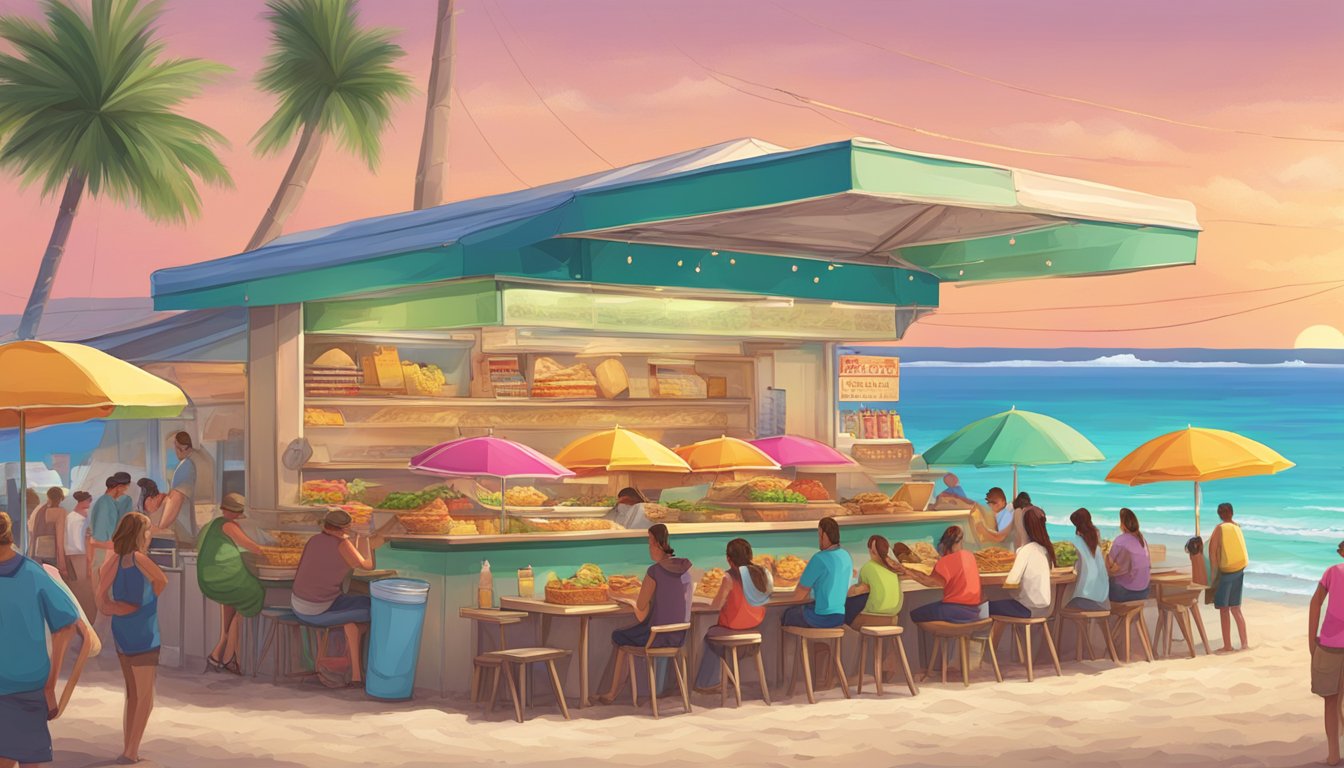 A bustling beachside taco stand with colorful umbrellas and a line of hungry spring breakers eagerly waiting for their delicious tacos