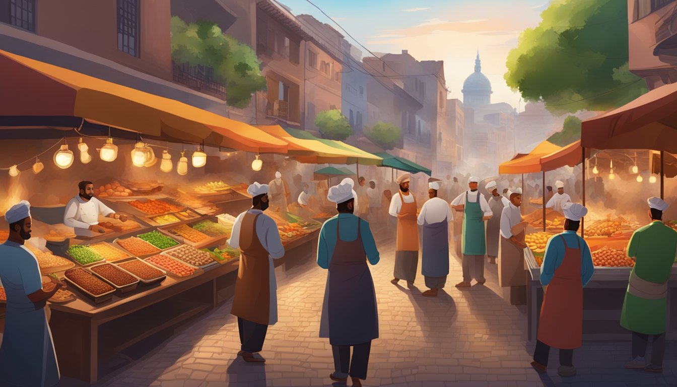 A bustling street market with colorful stalls selling fresh ingredients, while a skilled chef grills marinated meats on an open flame, surrounded by the aroma of sizzling spices