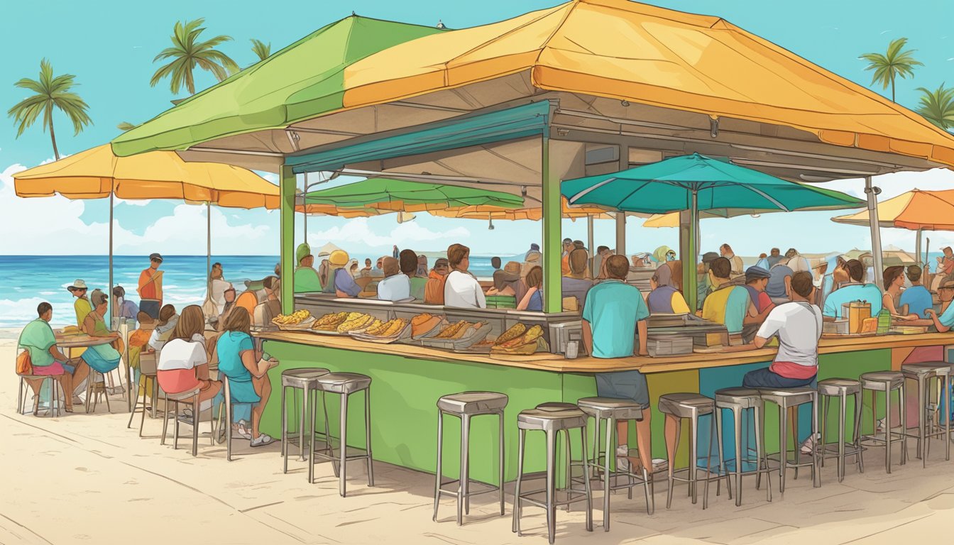 A bustling beachside taco stand with colorful umbrellas and a line of hungry customers eagerly waiting for their favorite tacos in Florida's spring break hotspots