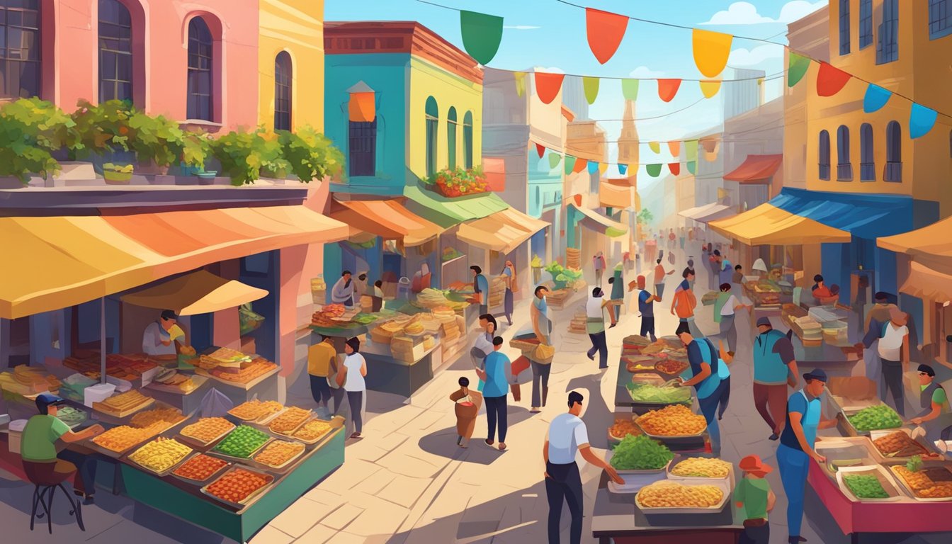 A colorful street market with vendors selling various types of tacos, surrounded by historic buildings and bustling with activity