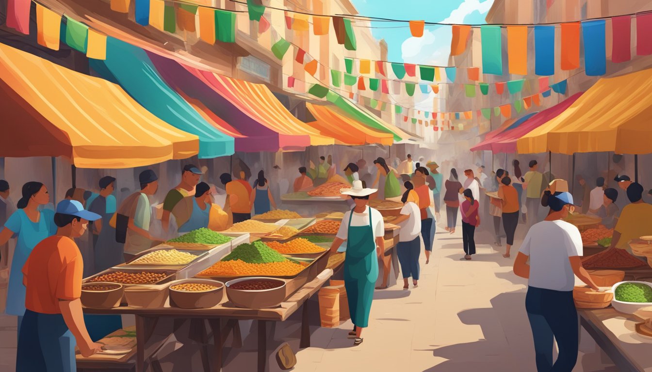 A bustling street market with colorful food stalls, showcasing a variety of tacos from different regions of Mexico. The aroma of sizzling meats and spices fills the air