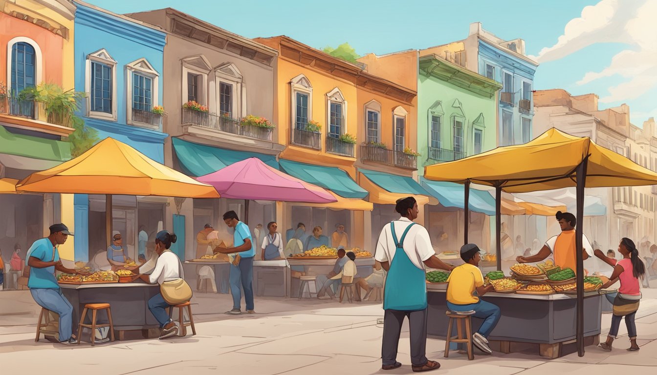 A street vendor prepares and serves tacos in a bustling colonial city square, surrounded by colorful buildings and happy customers