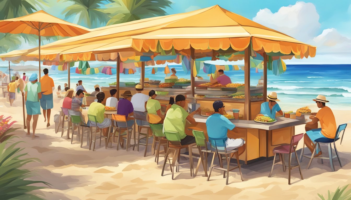 A bustling outdoor taco stand with colorful umbrellas, surrounded by sun-kissed tourists enjoying their tacos in a lively beachside setting