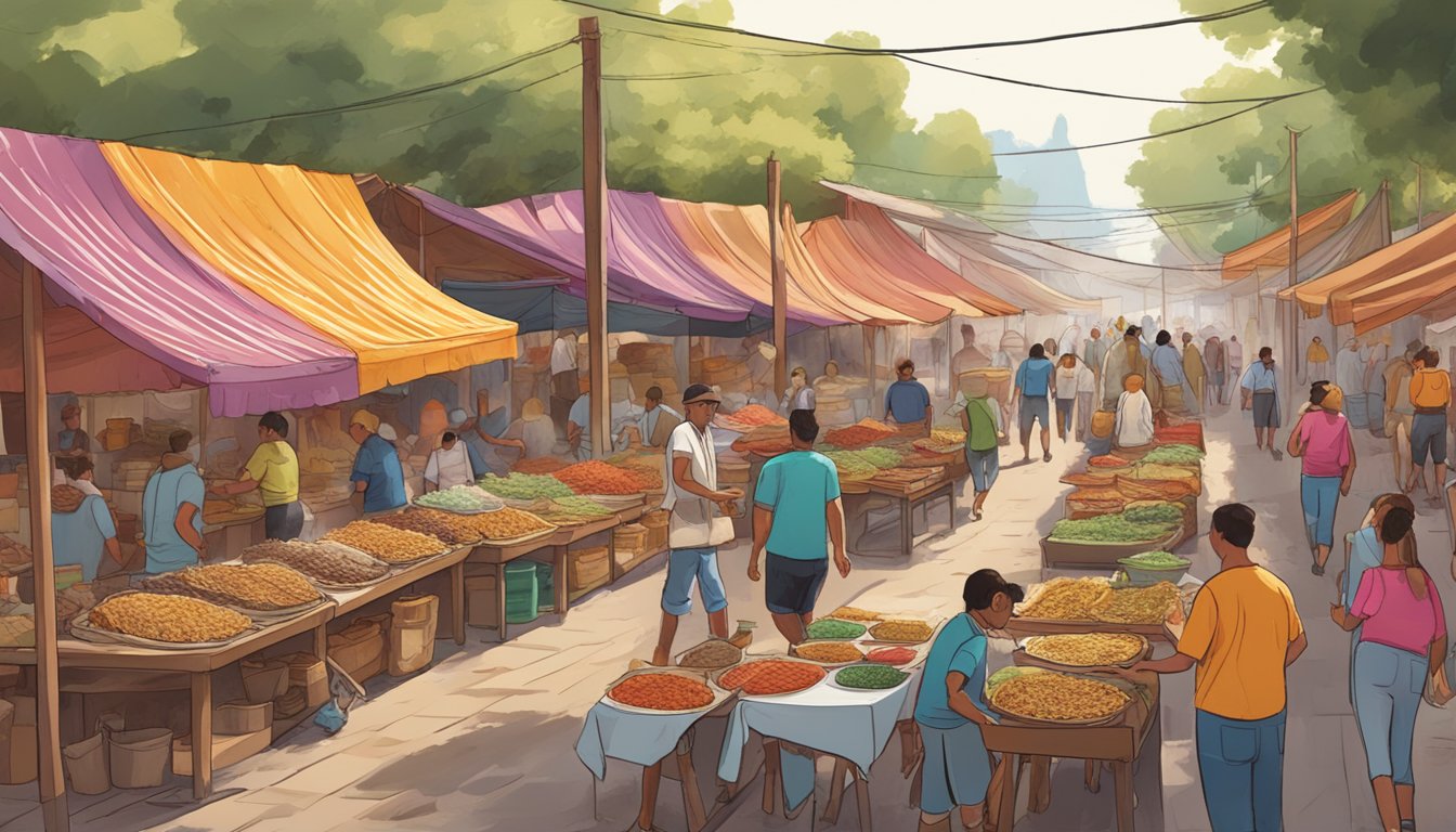 A bustling street market with colorful taco stands lining the path of the Revolutionary Trail in Mexico. The aroma of sizzling meat and spices fills the air as visitors sample the best tacos in the area