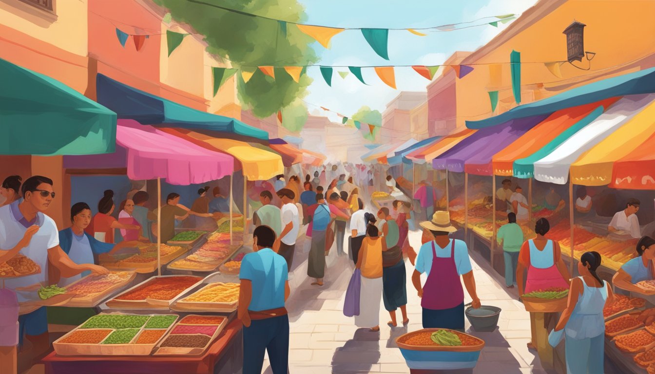 Colorful market stalls filled with sizzling meats, vibrant salsas, and fragrant spices. Crowds gather to sample the best tacos in Mexico's colonial cities at lively festivals and events