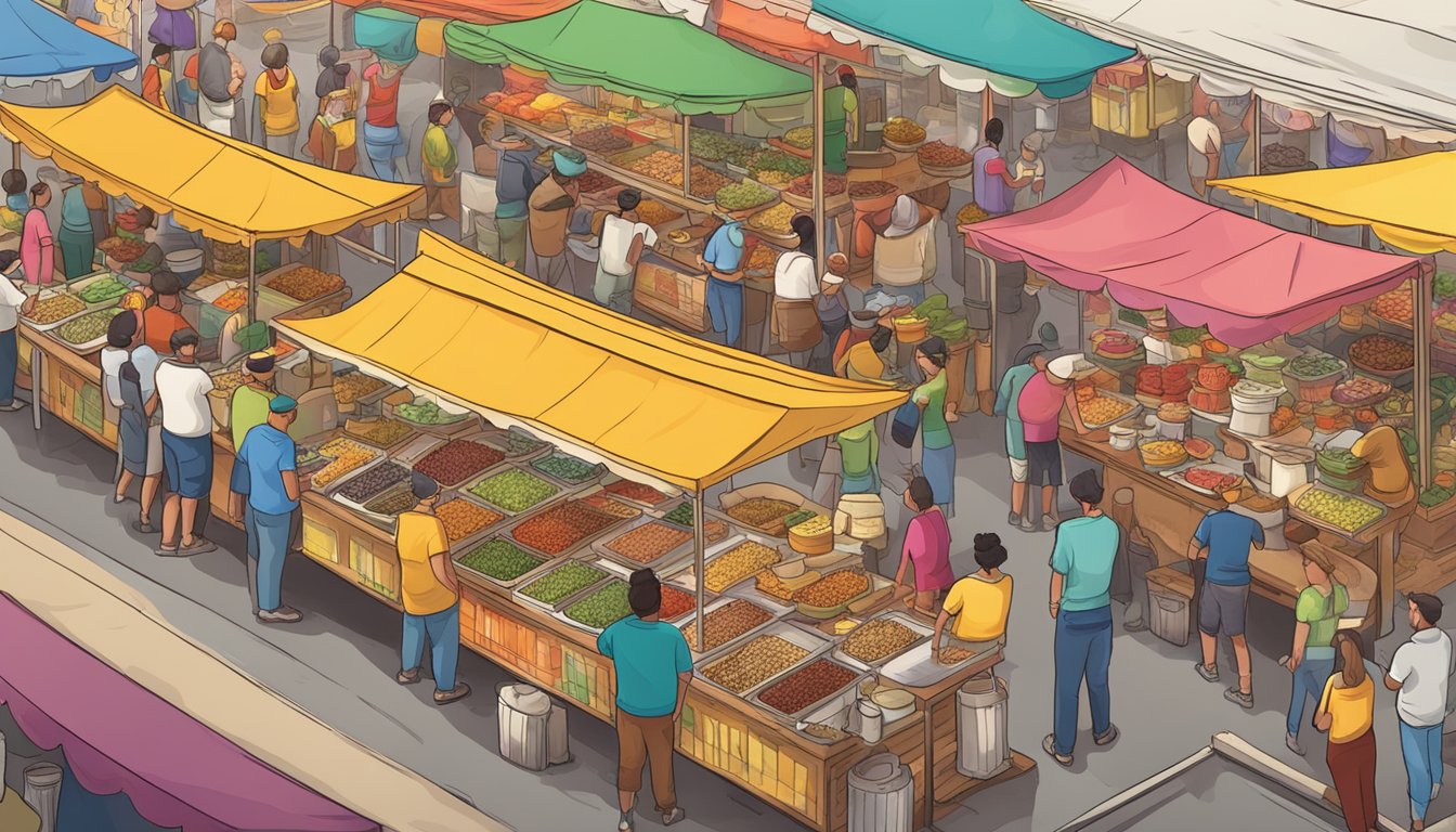 A bustling street market with colorful taco stands and a variety of condiments on display. Customers line up to order their favorite pairings, creating a vibrant and lively atmosphere