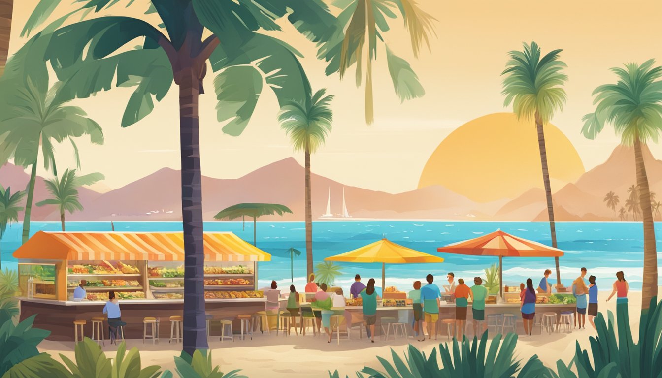 A bustling beachside taco stand with a colorful array of fresh, locally-sourced ingredients and eco-friendly packaging. Palm trees sway in the background