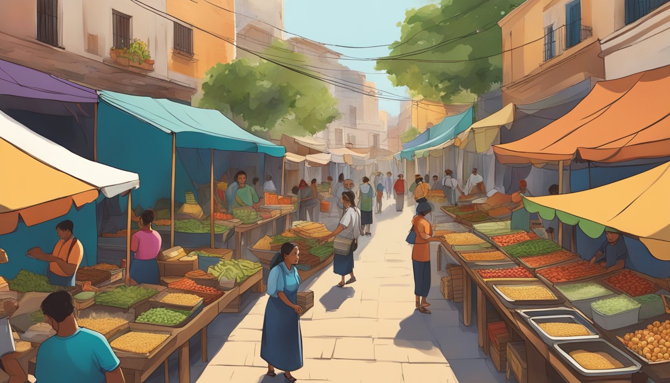 A bustling street market in Mexico, with colorful food stalls and vendors serving up sustainable and ethical tacos amidst the backdrop of historic revolutionary trails