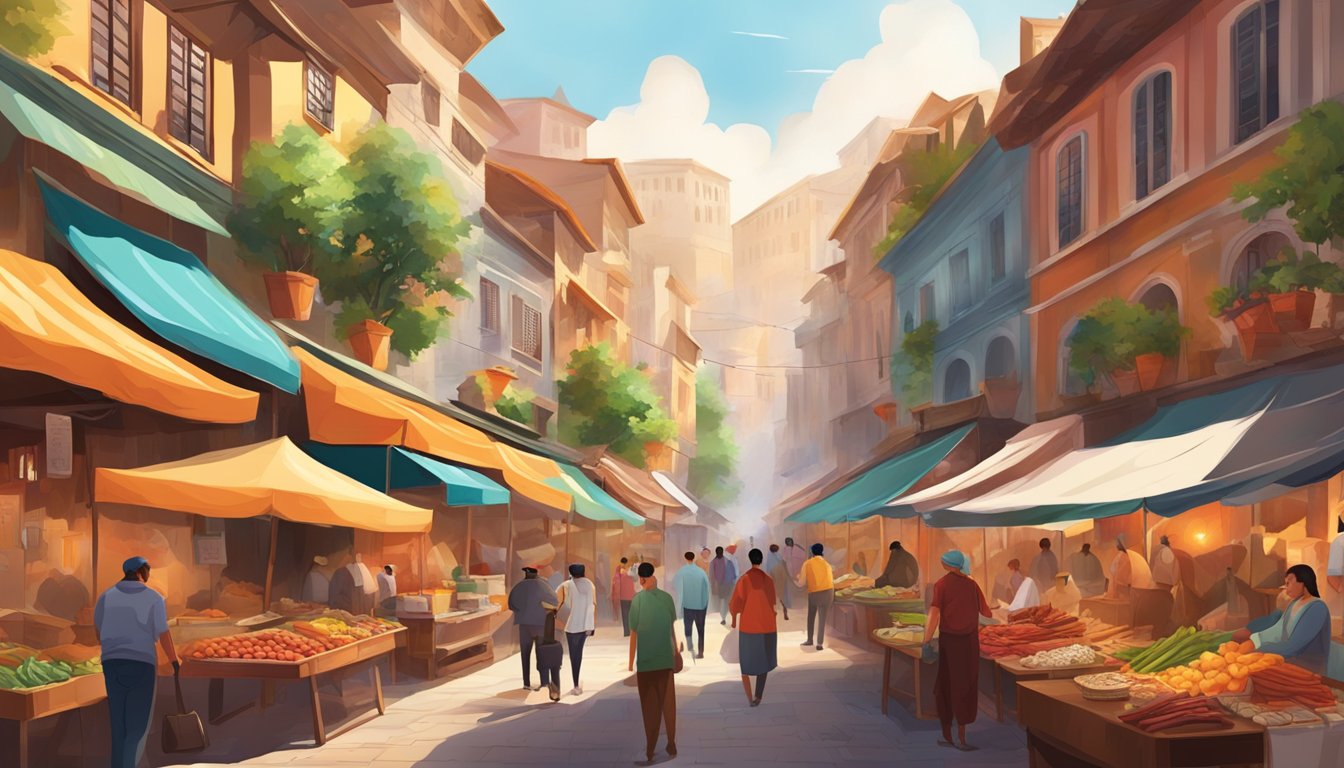 A bustling street market with colorful food stalls and the aroma of sizzling meat and spices, surrounded by historic buildings and vibrant murals