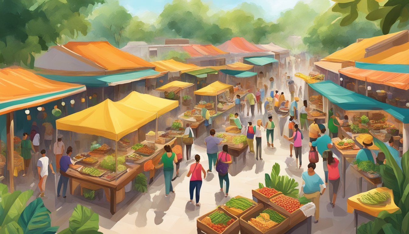 A bustling eco-tourism market in Mexico, with colorful food stalls serving up the best tacos amidst lush greenery and vibrant local culture