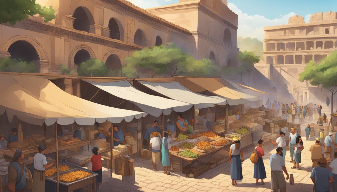 A bustling marketplace at ancient ruins, with vendors serving up traditional tacos to locals and tourists alike