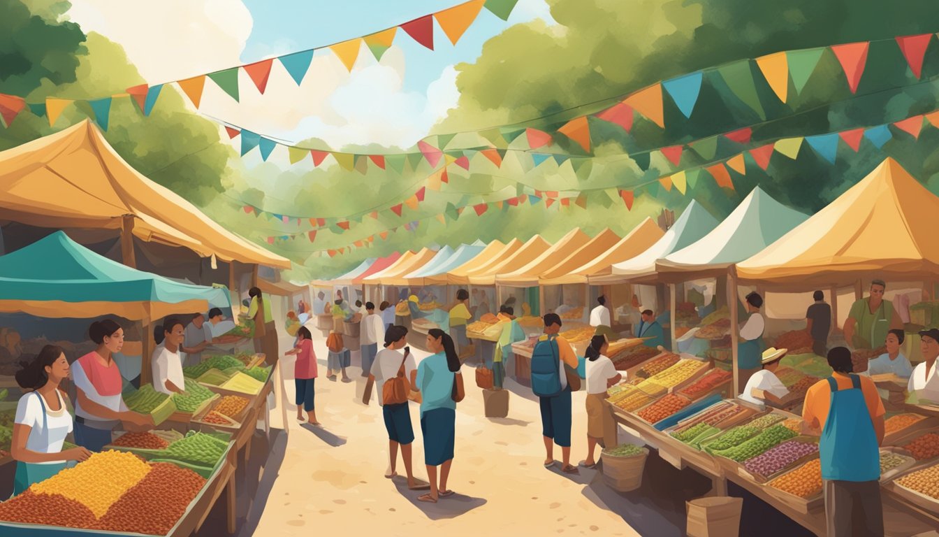 A bustling market in a lush eco-tourism destination, with vendors selling a colorful array of regional taco varieties from different parts of Mexico