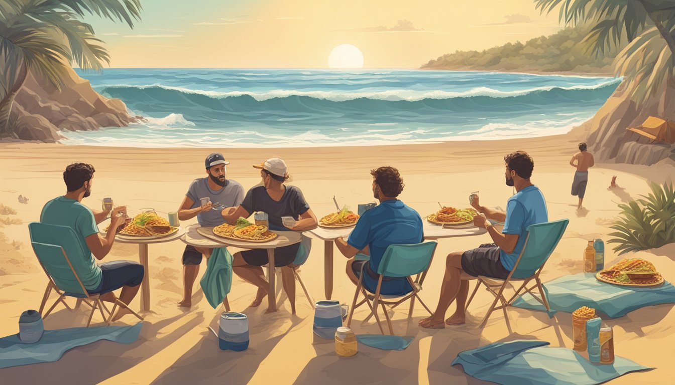 Surfers enjoying tacos on a sandy beach with waves in the background