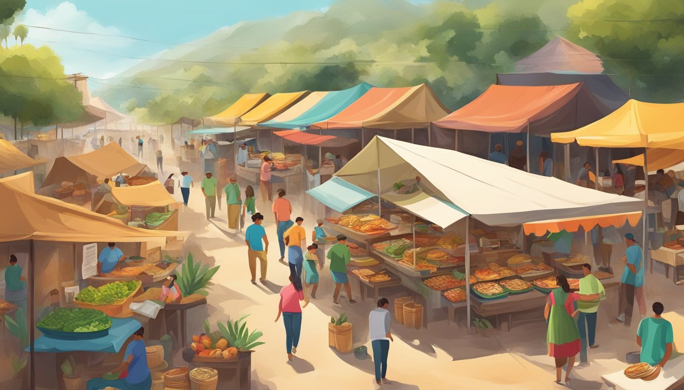 A bustling eco-tourism market with colorful food stalls serving delicious tacos in Mexico's scenic landscape