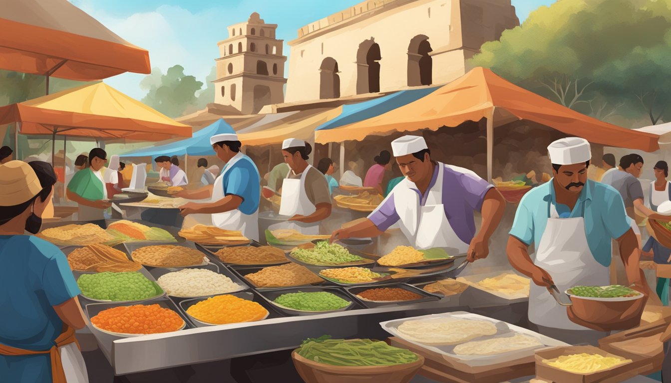 Tacos being prepared and served at a bustling market near ancient ruins in Mexico, with colorful ingredients and traditional cooking methods on display