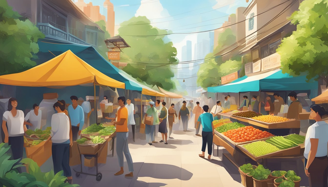 A bustling street market with colorful food stalls surrounded by lush greenery and eco-friendly signage