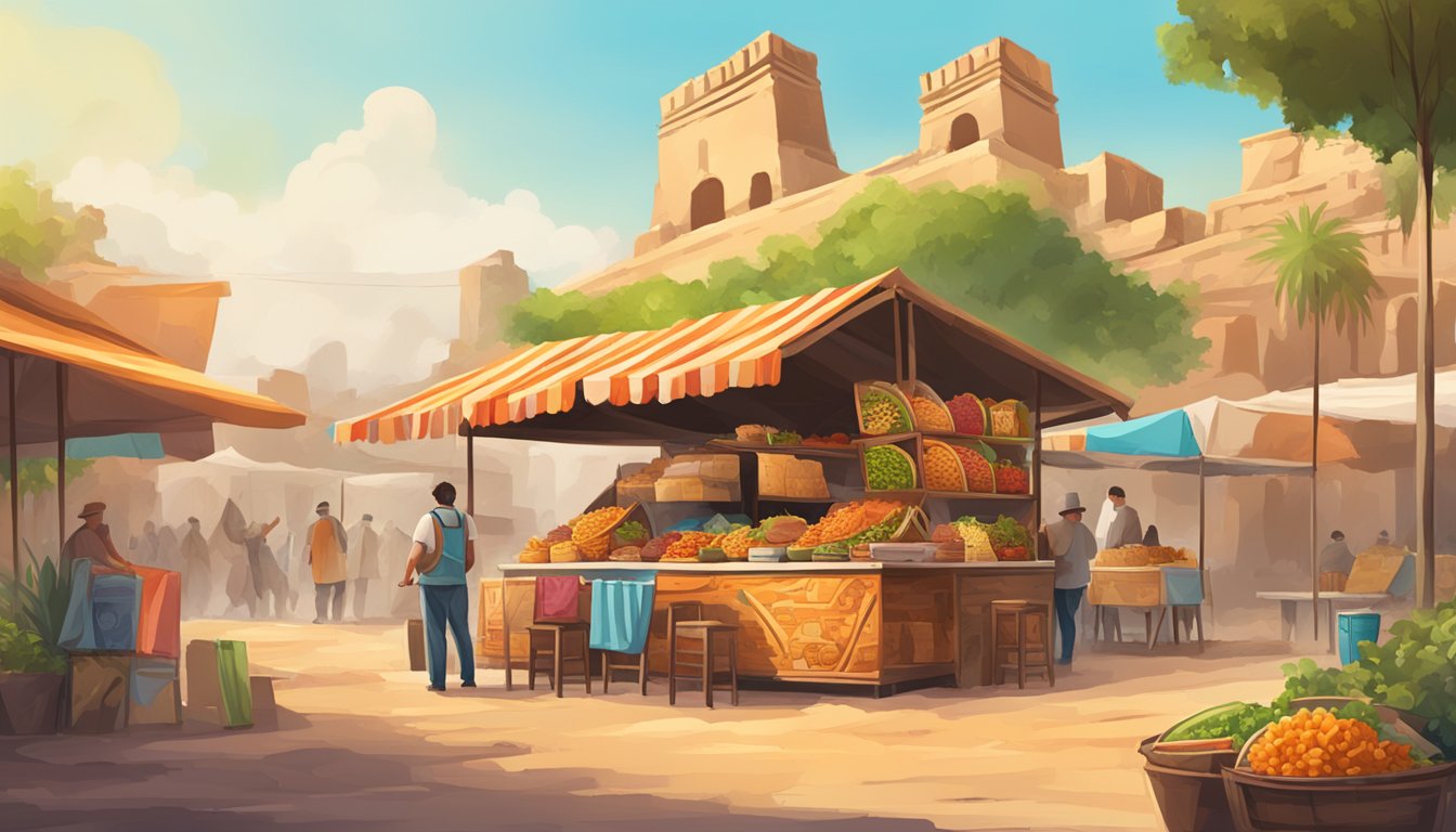 A colorful market stall selling tacos in front of ancient ruins