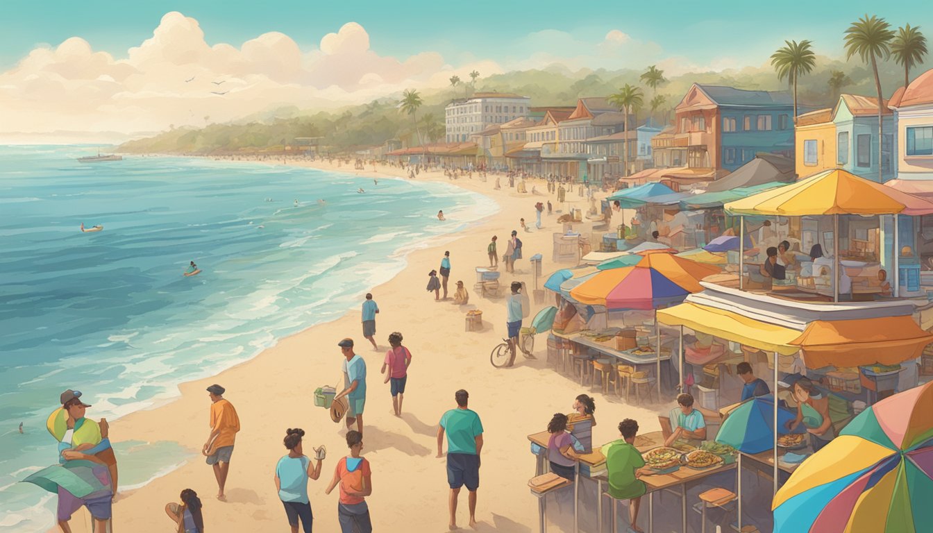 A bustling beach town with colorful taco stands lining the shore, surfers catching waves in the background