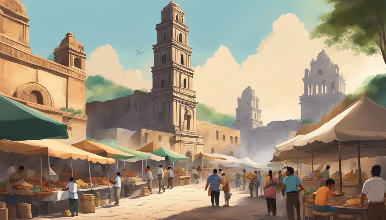 A bustling market in Mexico's ancient ruins, with vendors selling street tacos and gourmet tacos under the shadow of towering stone structures