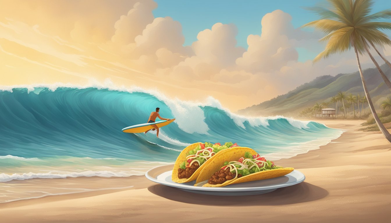 A surfer rides a perfect wave while enjoying a plate of tacos on a sandy beach in Mexico's surfing paradise