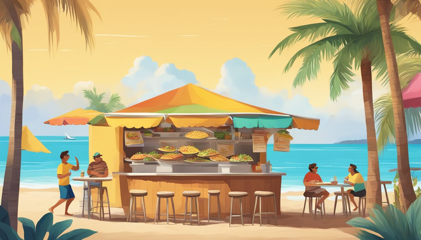 A colorful beachside taco stand with surfboards leaning against a palm tree, surrounded by happy customers enjoying their delicious tacos