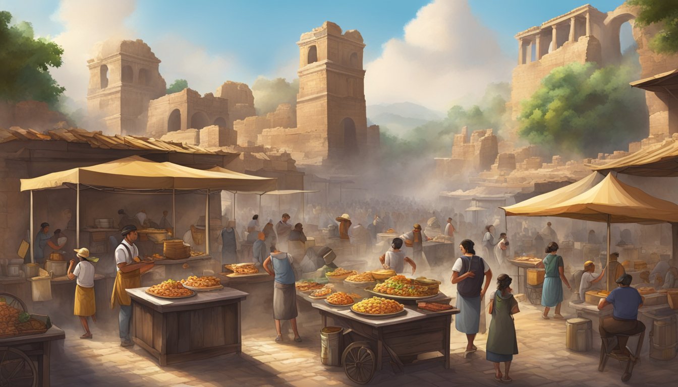 A bustling marketplace set against the backdrop of ancient ruins, with vendors serving up steaming hot tacos to eager customers