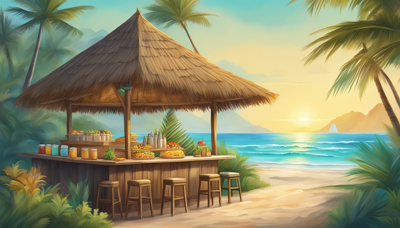 A beachside taco stand with palm-thatched roof, surrounded by vibrant local vegetation and overlooking a pristine, turquoise ocean