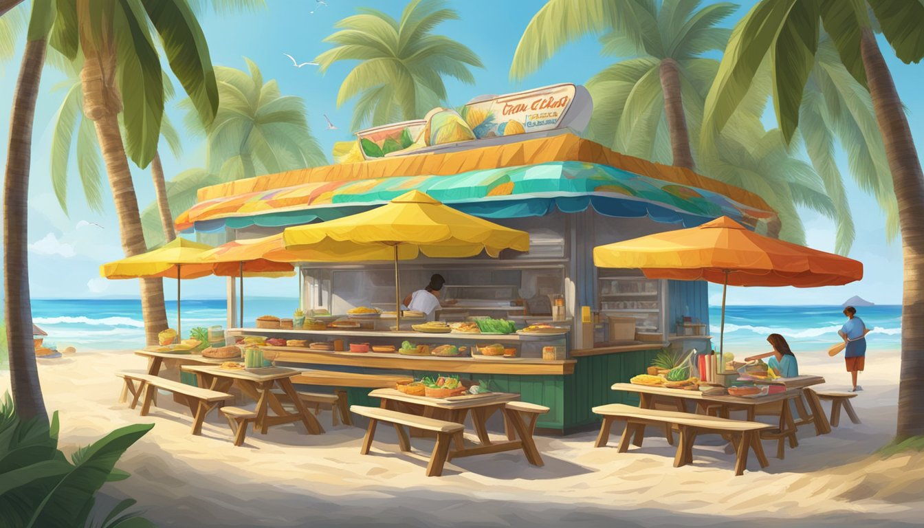 A lively beachside taco stand with colorful umbrellas and surfboards, surrounded by palm trees and the sound of crashing waves