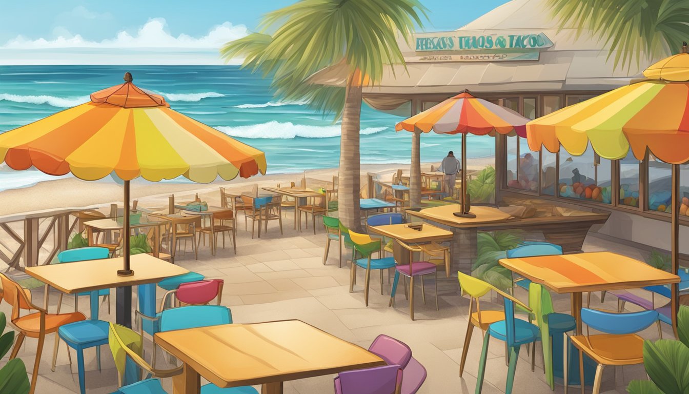 A beachside restaurant with colorful umbrellas and tables set with fresh tacos, overlooking the waves of a Mexican surfing paradise