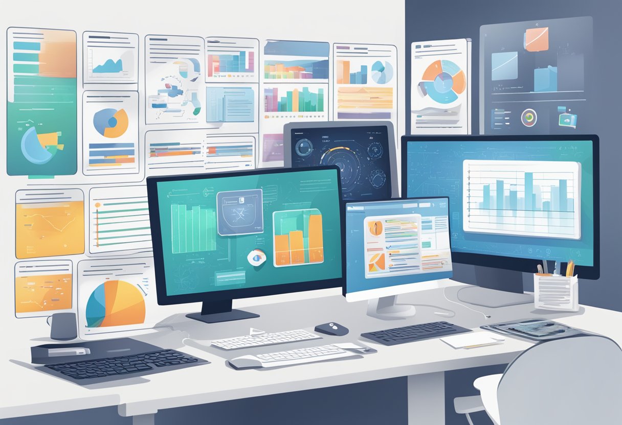 A busy office desk with a computer screen displaying various cybersecurity options: EDR, MDR, XDR, and SIEM. Charts and graphs are scattered around, indicating data analysis and decision-making