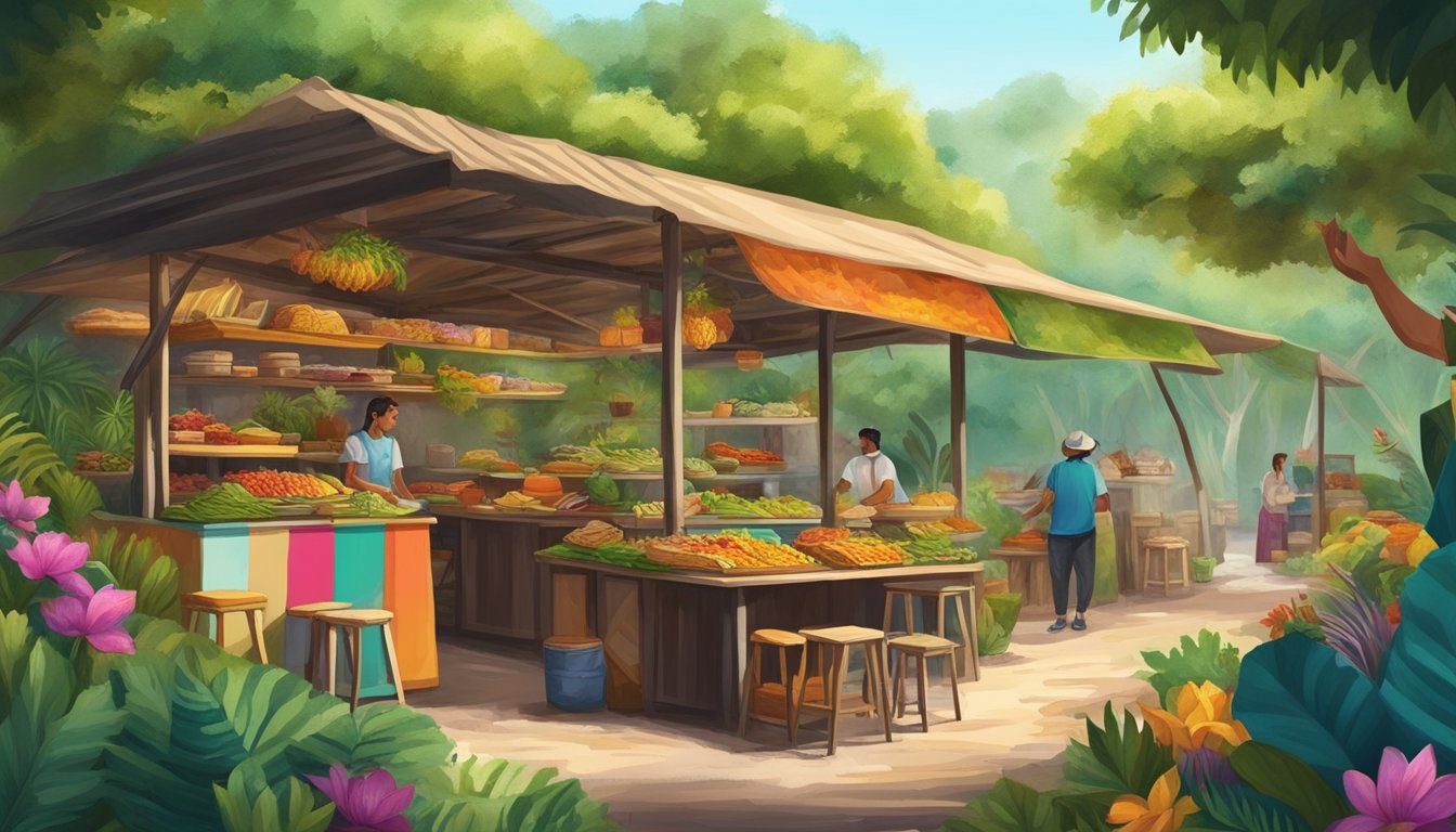 A colorful market stall in a lush natural area, surrounded by vibrant flora and fauna, serving up the best tacos in Mexico's eco tourism spots