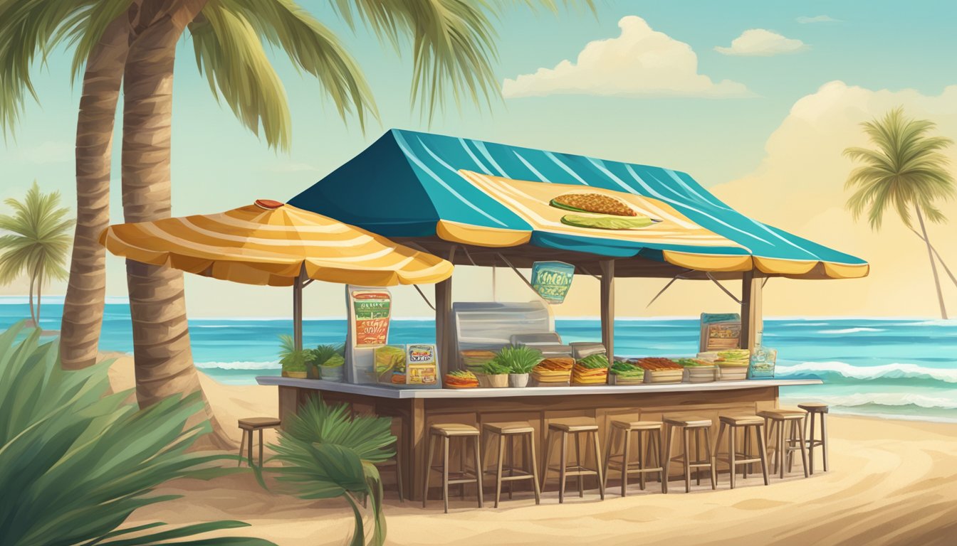 A beachside taco stand with surfboards leaning against a palm tree, surrounded by ocean waves and sandy shores