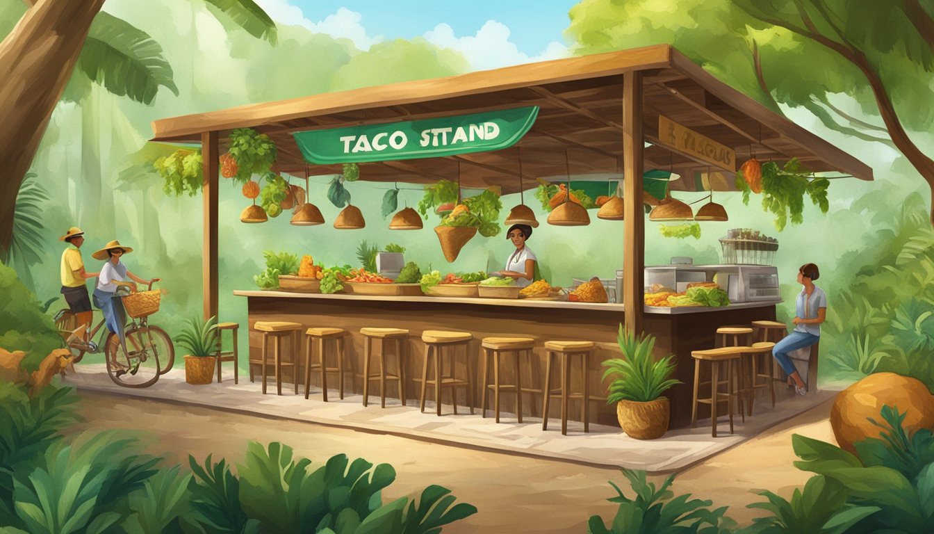 A bustling eco-friendly taco stand surrounded by lush greenery and colorful wildlife in a Mexican eco-tourism spot