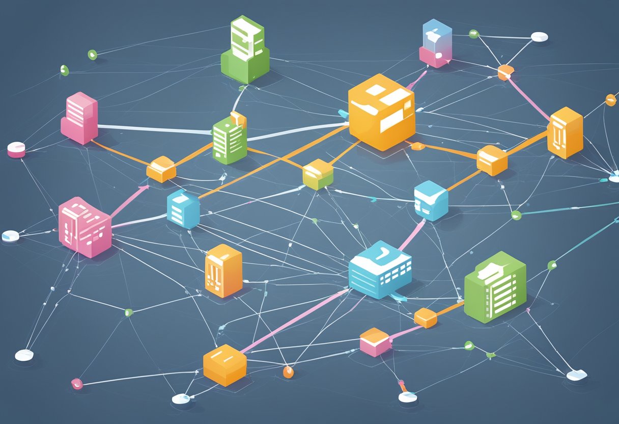 A network of interconnected nodes representing different threat detection systems, with arrows indicating the flow of data and information between them