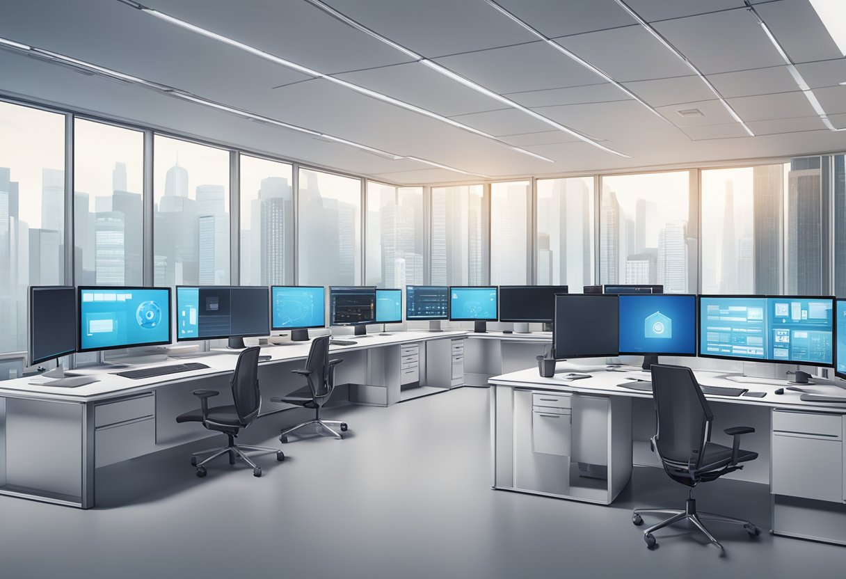 A sleek, modern office space with multiple computer screens displaying various security operations and management tools such as EDR, MDR, XDR, and SIEM