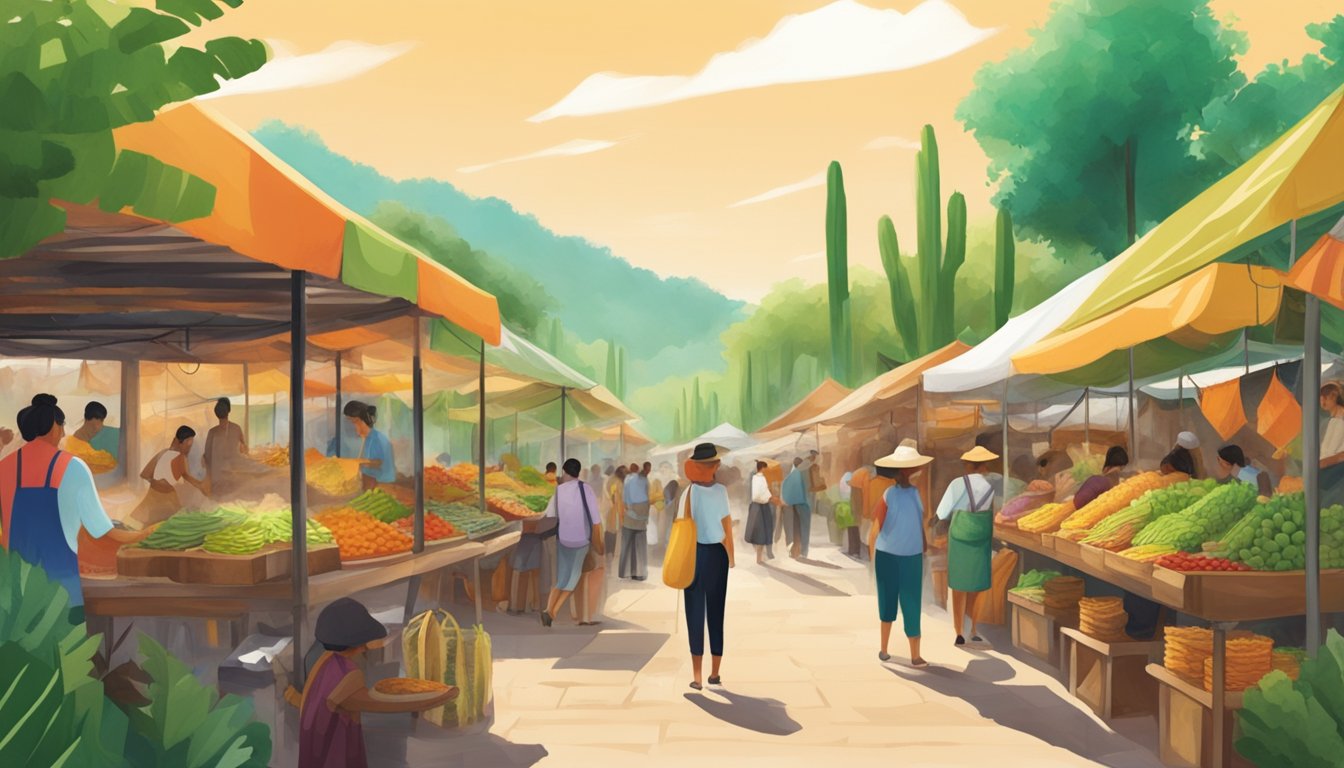 A bustling market in a lush, green eco tourism spot in Mexico, with colorful food stalls serving up the best tacos in the area