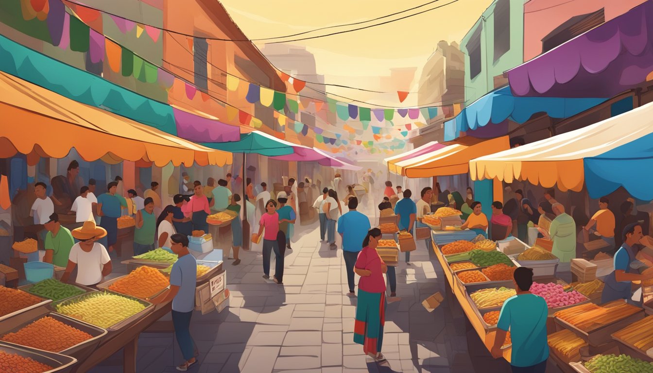 A bustling Mexican mercado with colorful stalls selling the best tacos, surrounded by lively music and vibrant cultural energy