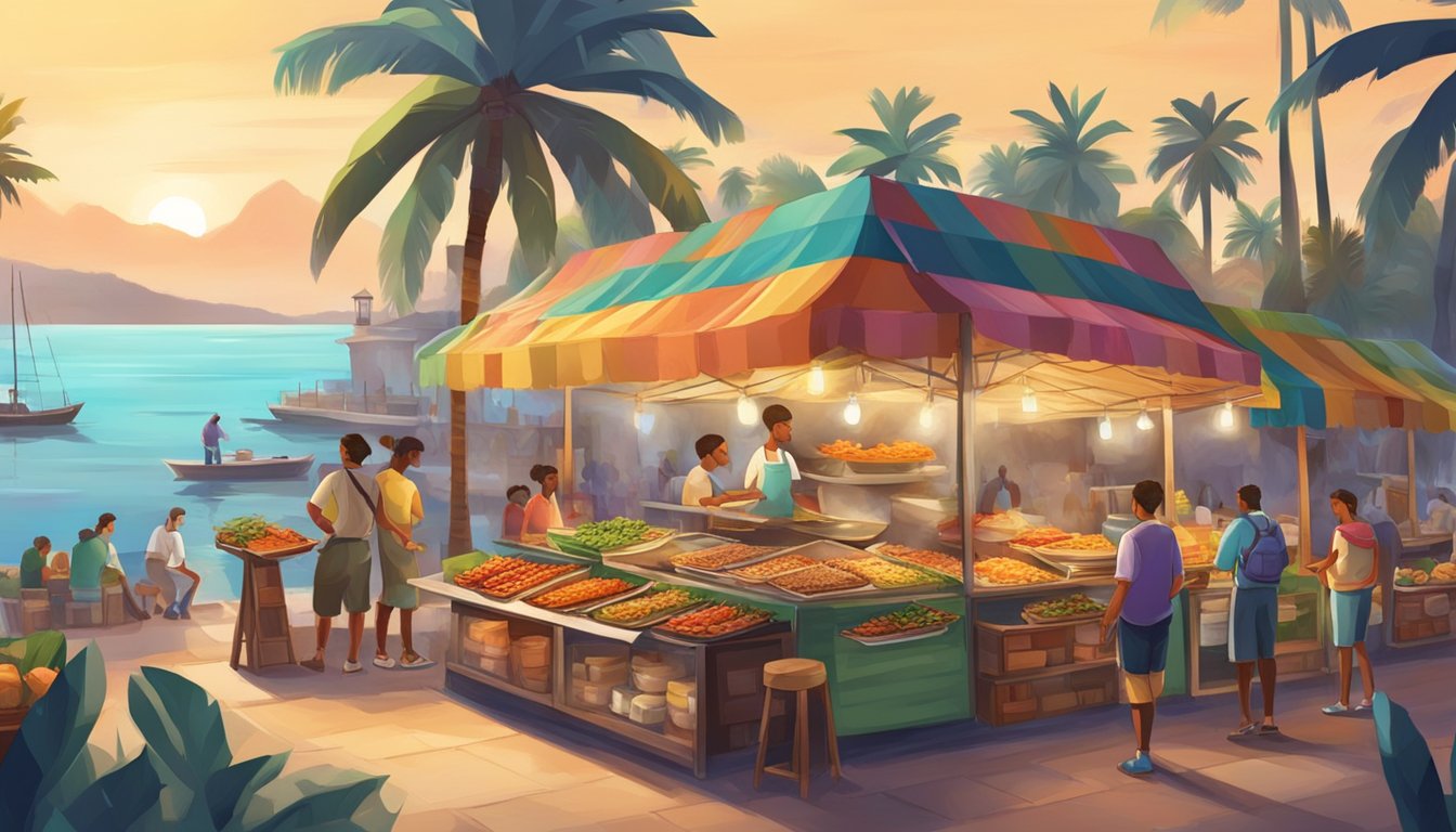 A colorful street market with vendors cooking and selling tacos, surrounded by palm trees and the ocean in the background