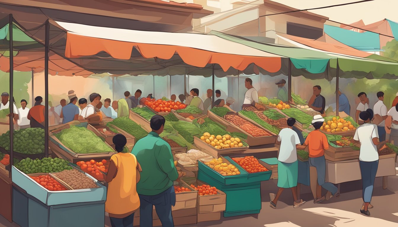 A bustling mercado with colorful stalls overflowing with fresh ingredients: ripe avocados, juicy tomatoes, fragrant cilantro, and sizzling meats