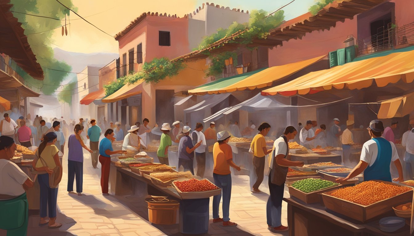 A bustling hacienda courtyard filled with colorful market stalls and the aroma of sizzling meats and spices, as locals gather to enjoy the best tacos in Mexico