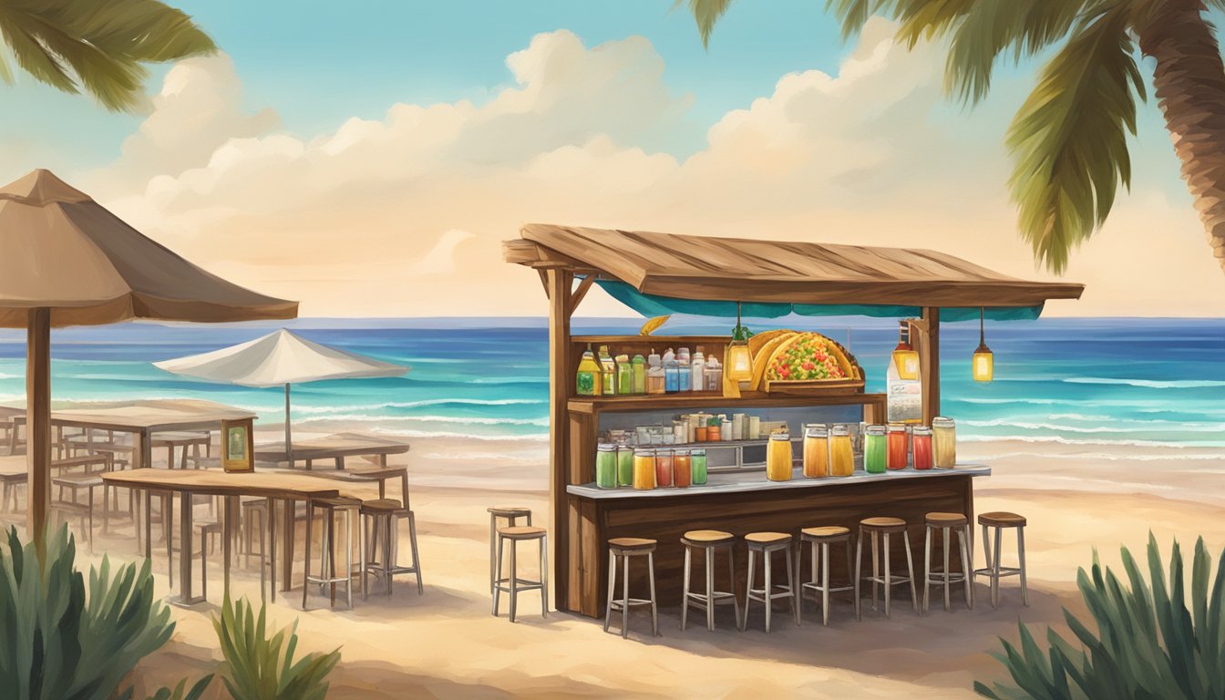 A rustic beachside taco stand with colorful drinks and a view of the Baja Peninsula coastline