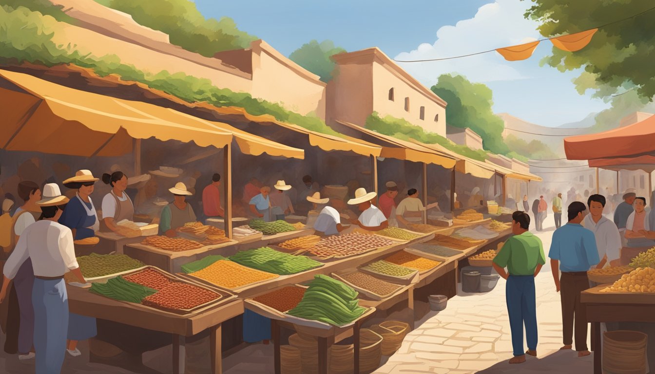 A bustling outdoor market at a historic hacienda, with colorful stalls selling traditional Mexican tacos. The aroma of sizzling meats and spices fills the air as locals and tourists alike gather to enjoy the authentic culinary experience