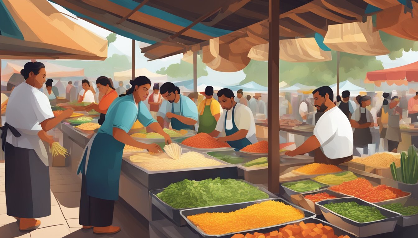 A bustling Mexican mercado with colorful stalls selling fresh ingredients and chefs expertly preparing tacos with traditional culinary techniques