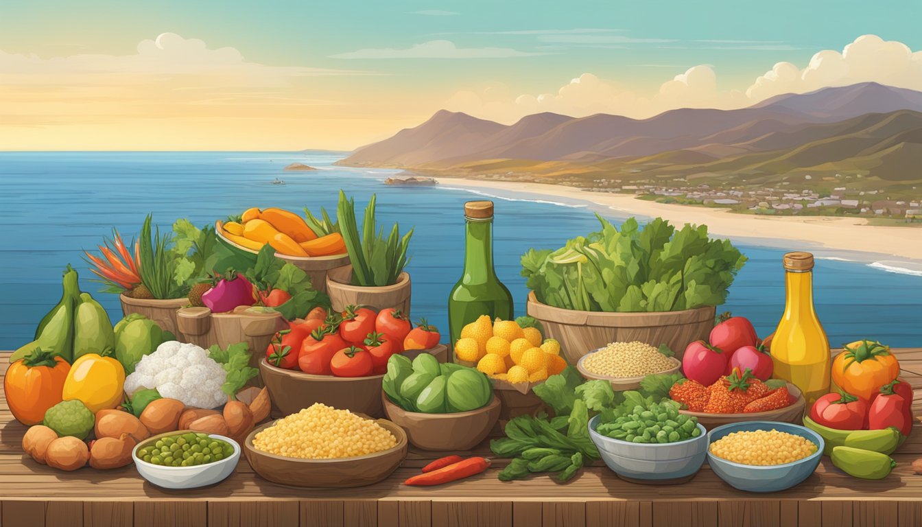 A colorful array of fresh ingredients and locally sourced produce arranged on a rustic wooden table, with the iconic Baja Peninsula coastline in the background