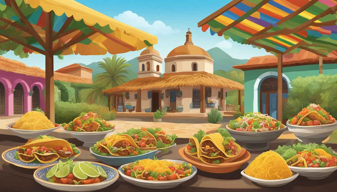 A colorful array of regional taco varieties displayed in front of charming haciendas in Mexico