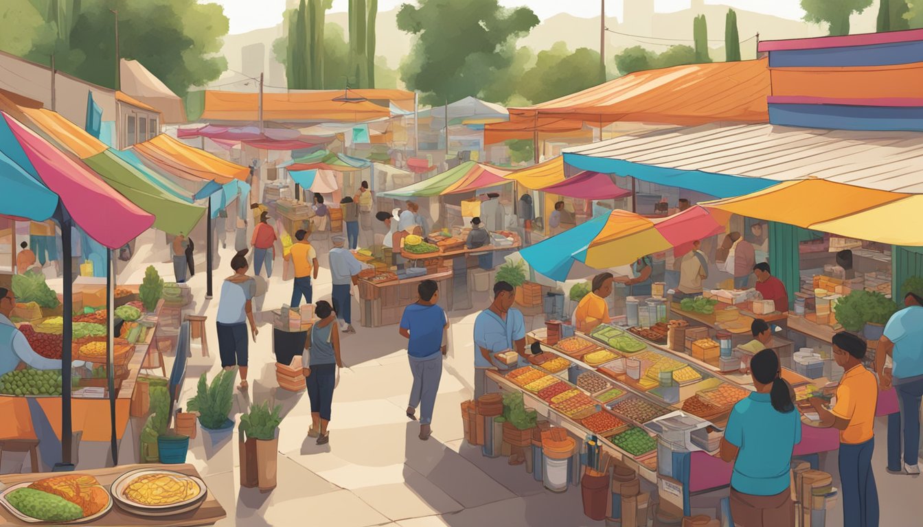 A bustling mercado with colorful taco stands and various beverages displayed for pairing