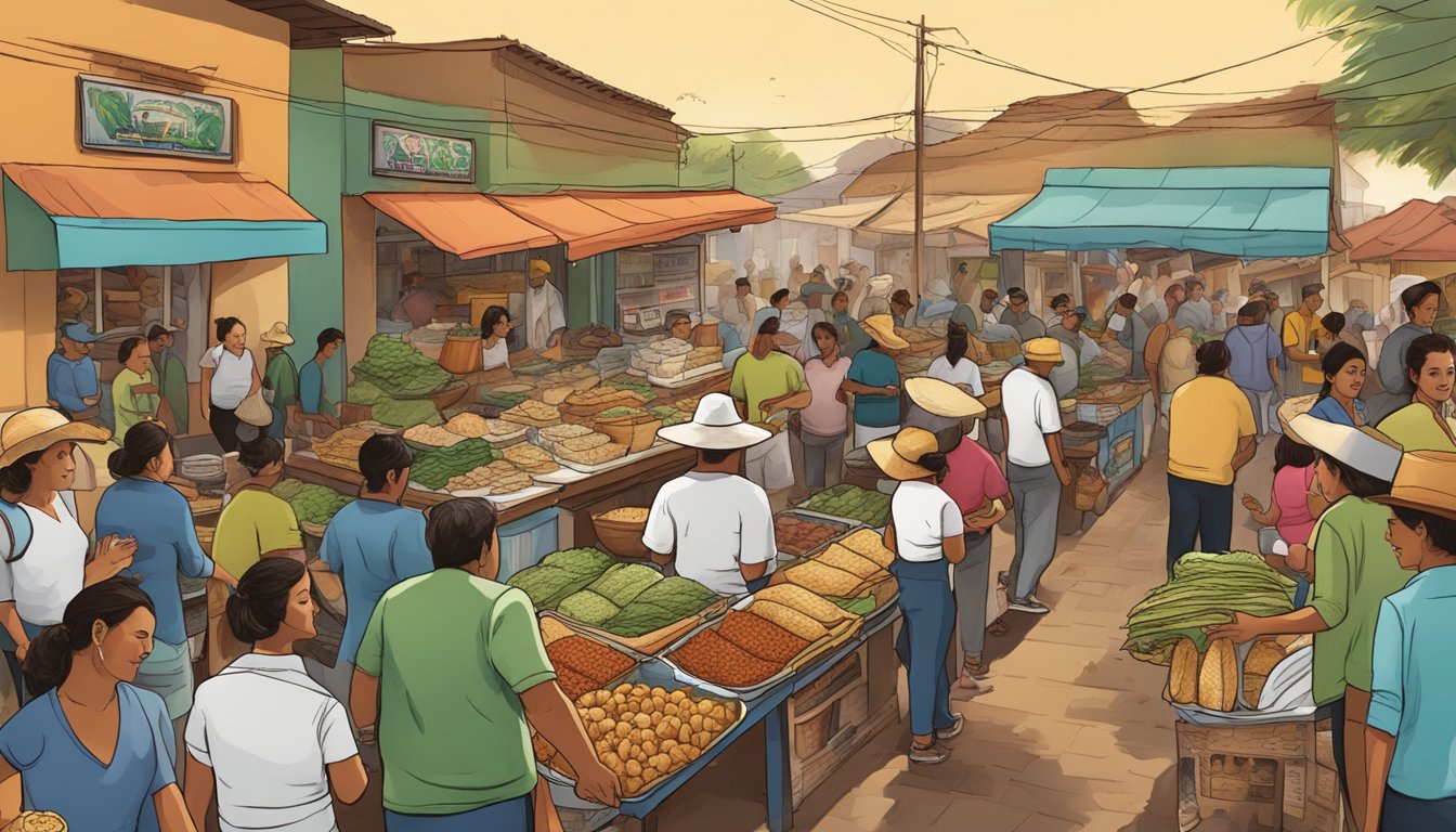 A bustling street market in Mexico's coffee regions, with vendors selling a variety of delicious tacos to eager customers