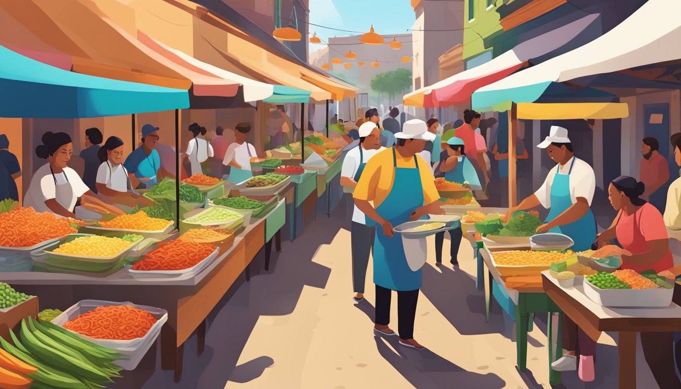 A bustling mercado with colorful stalls selling fresh ingredients and chefs cooking up delicious tacos in a lively atmosphere